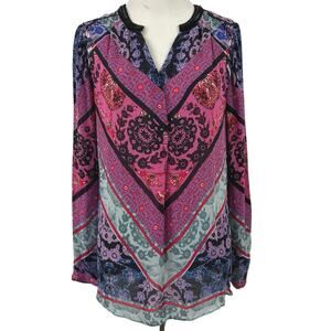 Hale Bob Top Blouse Boho Silk Long Sleeve Pink Fairy Hippie Artsy Women Small